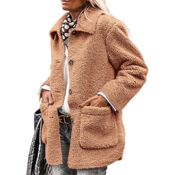 Chic Khaki Women's Faux Fur Jacket - Warm Sherpa Casual Outerwear with Pockets